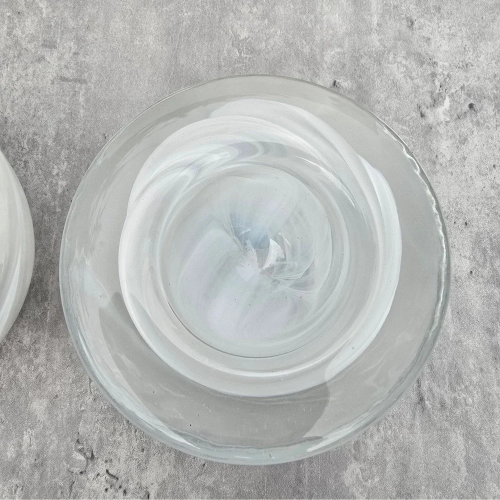 Heavy Art Glass Votive Candle Holders Set of 2 White Swirl Hurricane Design
